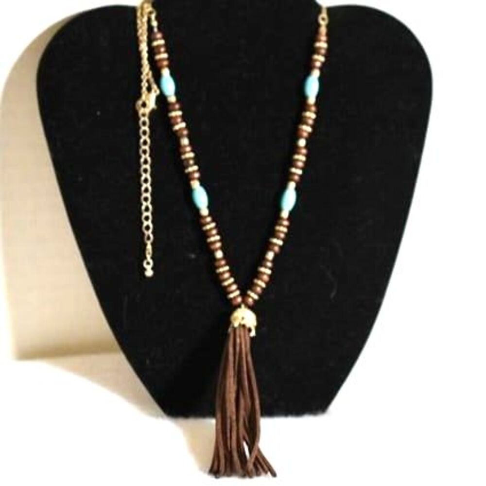 Western Brown/Aqua Wood Beads Leather Tassel Gold Tone Spacers 24" Necklace